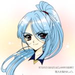  &gt;:) 1boy blue_hair clamp_(style) hair_over_one_eye head_only high_ponytail inazuma_eleven_(series) kazemaru_ichirouta long_hair lowres niiko parody pink_background ponytail red_eyes smile style_parody twitter 