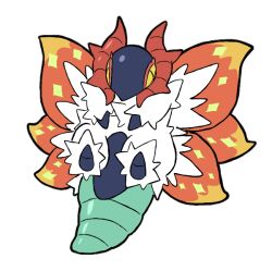  animal_focus bug colored_sclera commentary_request cross-shaped_pupils fluffy full_body horns korean_commentary looking_at_viewer lying moth multiple_wings no_humans on_back orange_wings pokemon pokemon_(creature) pokemon_focus red_horns sach56000 slither_wing solo symbol-shaped_pupils white_fur wings yellow_eyes yellow_sclera 