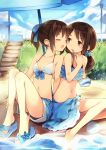  2girls :o barefoot beach_umbrella bikini brown_eyes brown_hair closed_eyes food hair_ribbon hand_on_ankle highres ice_cream ice_cream_spoon kyuri legs long_hair multiple_girls navel open_mouth original ponytail power_lines ribbon sandals short_hair sitting skirt smile stairs swimsuit telephone_pole water yuri 