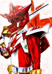  4ze_meteor absurdres armor belt bodysuit commentary_request cowboy_shot helmet highres holding holding_sword holding_weapon no.1_sentai_gozyuger origa_red red_armor red_bodysuit red_helmet shoulder_armor super_sentai sword tokusatsu weapon white_background white_bodysuit 