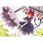  1girl animal_ears blanket bow braid cat_ears cat_tail dress fangs frills hair_bow hair_ornament kaenbyou_rin leaf looking_at_viewer multiple_tails open_mouth puffy_sleeves red_eyes redhead shihou_(g-o-s) short_hair short_sleeves smile solo tail touhou twin_braids wheelbarrow 