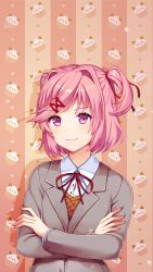  1girl animal-themed_food blazer closed_mouth collared_shirt crossed_arms cupcake doki_doki_literature_club doki_doki_literature_club_school_uniform drop_shadow eyelashes fingernails food food-themed_background grey_jacket hair_intakes hair_ornament hair_ribbon hairclip heart highres jacket long_sleeves natsuki_(doki_doki_literature_club) neck_ribbon official_art official_wallpaper orange_sweater_vest pink_eyes pink_hair red_ribbon ribbon satchely school_uniform second-party_source shirt short_hair smile solo sweater_vest two_side_up upper_body vertical-striped_background white_shirt 