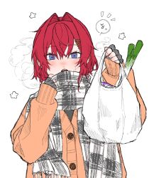 1girl adjusting_scarf alternate_costume ange_katrina arm_up bag blue_eyes blush breath buttons cardigan commentary_request crossed_bangs enpera eyelashes fingerless_gloves gloves grey_gloves grey_scarf hair_between_eyes hair_intakes hair_ornament hand_up hatching_(texture) highres holding holding_bag looking_at_viewer nijisanji nose_blush open_mouth orange_cardigan plaid_clothes plaid_scarf red_hair scarf shopping_bag sleeves_past_wrists solo speech_bubble spring_onion star_(symbol) straight-on translation_request triangle_hair_ornament ume_aji upper_body virtual_youtuber white_background winter_clothes 