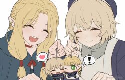 ! 2boys :d ^_^ artist_name beret blonde_hair blue_coat blue_hat blue_robe character_doll chibi closed_eyes closed_mouth coat commentary_request doll dungeon_meshi falin_touden falin_touden_(tallman) green_eyes happy hat heart highres holding_chibi korean_commentary long_hair marcille_donato mayo_(mayo88meshi) multiple_boys one_eye_closed open_mouth pointy_ears robe shirt short_hair sidelocks simple_background smile teeth toy upper_body upper_teeth_only white_background yuri 