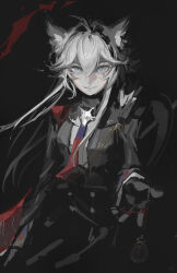  1girl absurdres animal_ears arknights black_background black_jacket blue_necktie cape commentary gloves grey_eyes grey_hair hair_between_eyes highres jacket lappland_(arknights) lappland_the_decadenza_(arknights) long_hair looking_at_viewer necktie outstretched_arm painterly parted_lips phyriaxi pocket_watch red_cape red_necktie scar scar_across_eye scar_on_face single_shoulder_pad solo two-tone_necktie upper_body watch wolf_brooch wolf_ears wolf_girl 