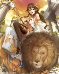  1girl :d blush breasts brown_hair choker column cybele detached_sleeves hair_ornament large_breasts lion long_hair long_skirt midriff open_mouth original pillar red_eyes riding side_slit sideboob skirt smile solo ss39 staff temple thighhighs underboob 