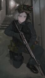  1girl absurdres boots bulletproof_vest combat_belt combat_boots commentary english_commentary gloves grey_eyes grey_hair gun hallway highres kneeling knife knife_sheath looking_at_viewer military_uniform night_vision_device polilla pouch rifle sheath short_hair stairs trigger_discipline weapon 
