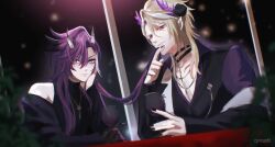  2boys absurdres banzoin_hakka bare_shoulders black_nails blonde_hair closed_mouth commentary english_commentary first_stage_production hand_in_another's_hair head_on_hand highres holostars holostars_english horns long_sleeves looking_at_viewer male_focus multiple_boys pink_eyes pointy_ears purple_hair qvnashi violet_eyes zander_netherbrand 