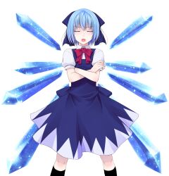 1girl black_socks blue_dress blue_hair bow bowtie cirno closed_eyes collared_shirt commentary_request crossed_arms crote dress facing_viewer feet_out_of_frame hair_bow hair_ornament highres ice ice_wings large_variant_set legs_apart open_mouth pinafore_dress puffy_short_sleeves puffy_sleeves red_bow red_bowtie shirt short_hair short_sleeves skirt skirt_set sleeve_cuffs sleeveless sleeveless_dress socks solo tachi-e teeth touhou transparent_background upper_teeth_only v-shaped_eyebrows variant_set white_shirt wings 