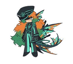  1girl aqua_necktie aqua_pants aqua_trim back_fin black_hat black_jacket black_vest blind_obsession_(e.g.o) e.g.o_(project_moon) fins fish_tail fluorescent_lamp freckles full_body gradient_hair green_hair grey_eyes hat head_fins highres ishmael_(project_moon) jacket kgdjeisk limbus_company long_hair military_hat military_uniform multicolored_hair necktie orange_hair pants project_moon solo tail very_long_hair vest 