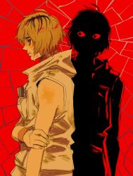  1girl bare_shoulders black_roots blonde_hair body_freckles breaking clenched_teeth commentary dual_persona english_commentary freckles hand_on_own_arm heather_mason highres hood hood_down hooded_vest hoodie multiple_views red_eyes red_scarf scarf senranx short_hair shoulder_freckles silent_hill_(series) silent_hill_3 sweat sweatdrop teeth upper_body vest white_vest 
