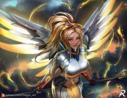  abstract_background armor arms_behind_back black_gloves blonde_hair blue_eyes blush bodysuit breasts commentary energy energy_wings english_commentary gloves gorget hairband holding holding_staff large_breasts lipstick long_hair looking_at_viewer makeup mechanical_wings mercy_(overwatch) overwatch pelvic_curtain pink_lips plate_armor ponytail shoulder_armor sidelocks signature sparks staff tonyra turtleneck wings 