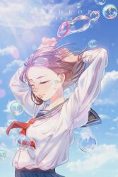  1girl above_clouds arm_behind_head arms_up artist_name blue_sailor_collar blue_skirt brown_hair bubble bubble_wand closed_eyes closed_mouth clouds commentary dated day english_commentary eyelashes from_side highres holding long_sleeves neckerchief original outdoors pleated_skirt red_neckerchief sailor_collar school_uniform serafuku shirt shirt_tucked_in short_hair skirt sky sleeve_cuffs solo sunlight teardrops_(user_vgvd7733) upper_body white_shirt wind 