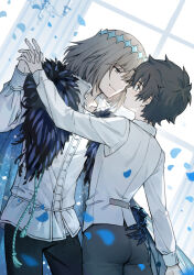  2boys ass black_hair black_pants blue_eyes chandelier chinese_commentary chocomirukuaji commentary_request crown dancing dragonfly_wings eye_contact fate/grand_order fate_(series) fujimaru_ritsuka_(male) fur-trimmed_scarf fur_trim grey_hair holding_hands interlocked_fingers looking_at_another male_focus medium_hair multiple_boys oberon_(fate) oberon_(third_ascension)_(fate) pants petals scarf shirt smile white_shirt window 