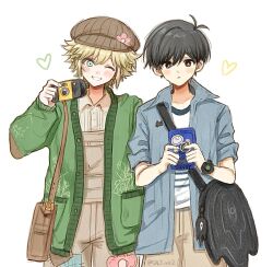  2boys antenna_hair bag_charm basil_(birthday)_(omori) basil_(faraway)_(omori) basil_(omori) black_eyes black_hair blonde_hair blue_eyes blue_jacket blush bright_pupils brown_bag brown_hat brown_overalls brown_pants camera cardigan character_bag character_charm character_sticker charm_(object) closed_mouth collared_jacket collared_shirt commentary double-parted_bangs green_cardigan hair_between_eyes handheld_game_console hashtag-only_commentary hat hector_(omori) highres holding holding_camera holding_handheld_game_console jacket long_sleeves looking_at_viewer male_focus multiple_boys newsboy_cap omori one_eye_closed open_cardigan open_clothes open_jacket open_mouth overalls pants salt_xs2 shirt short-sleeved_jacket short_hair short_sleeves sidelocks simple_background smile something_(omori) sticker sunny_(birthday)_(omori) sunny_(omori) white_background white_pupils white_shirt 