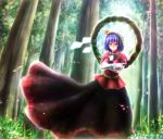 1girl blouse blue_hair crossed_arms flower forest grass large_breasts leaf_hair_ornament long_skirt long_sleeves looking_at_viewer mirror nature petals red_eyes satoji_(ochanomkmskry) shide shimenawa short_hair skirt smile solo sunbeam sunlight touhou very_long_skirt wind wind_lift yasaka_kanako