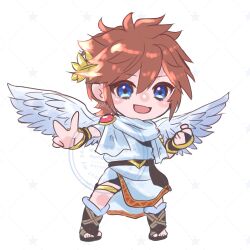  1boy :d ancient_greek_clothes angel angel_wings blush_stickers bracer brown_hair brown_sandals chibi chibi_only clenched_hand commentary feathered_wings full_body fur_trim gold_thighlet greco-roman_clothes hair_between_eyes highres jewelry kid_icarus kid_icarus_uprising kot_ksm laurel_crown male_focus pit_(kid_icarus) red_trim sandals scarf sidelocks smile solo spiky_hair symbol-only_commentary thighlet v watermark white_background white_scarf white_wings wings 