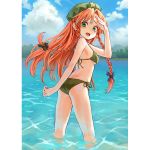  1girl ama-tou back bikini blush bow braid breasts clouds green_eyes hair_bow hair_ornament hand_on_forehead hat hong_meiling long_hair looking_back open_mouth redhead sky smile solo star swimsuit touhou twin_braids water 