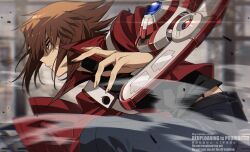  1boy black_shirt blurry blurry_background brown_eyes brown_hair closed_mouth commentary_request deck_of_cards duel_academy_uniform_(yu-gi-oh!_gx) duel_disk from_side highres jacket long_sleeves male_focus open_clothes open_jacket pants red_jacket shirt short_hair solo twitter_username yoshio_296 yu-gi-oh! yu-gi-oh!_gx yuki_judai 