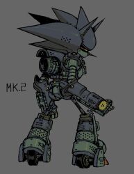  1boy clenched_hands english_text from_behind grey_background highres humanoid_robot male_focus mecha_sonic_mkii robot simple_background solo sonic_&amp;_knuckles sonic_(series) sonic_the_hedgehog_(classic) submarinechamomile wheel 