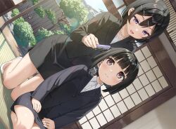  2girls black_hair black_skirt black_suit blunt_bangs blush bonsai brown_eyes brushing_another's_hair brushing_hair character_request closed_mouth collarbone collared_shirt commentary_request dutch_angle eyeliner grey_skirt grey_suit hair_between_eyes hair_brush hair_ornament half-closed_eyes hands_on_own_thighs holding holding_hair_brush hoshizaki_(sasaki_to_p-chan) indoors jacket jewelry kantoku kneeing long_hair long_sleeves looking_down makeup multiple_girls necklace official_art open_mouth pencil_skirt purple_eyeliner sasaki_to_p-chan seiza shirt shouji sidelocks sitting skirt sliding_doors smile socks suit suit_jacket tatami violet_eyes wavy_mouth white_shirt white_socks 