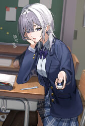  1girl black_thighhighs blue_bow blue_bowtie blue_eyes blue_jacket blue_skirt bow bowtie breasts chair classroom collared_shirt commentary_request cowboy_shot desk double-parted_bangs ear_piercing elbow_rest eraser grey_hair hair_between_eyes hand_up head_rest highres holding holding_eraser indoors jacket long_sleeves looking_at_viewer medium_breasts medium_hair miniskirt mole mole_under_mouth nao_(naoooo_a) notebook on_chair open_clothes open_jacket open_mouth original pen pencil_case piercing pleated_skirt school school_desk school_uniform shirt sitting skirt solo_focus thigh-highs translation_request white_shirt 