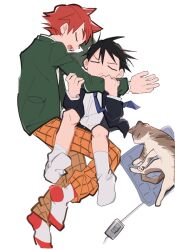  2boys :/ age_difference aged_down animal ankle_socks black_hair black_jacket blazer blue_necktie cat choppy_bangs closed_eyes commentary cuddling from_above full_body furrowed_brow grabbing_another's_arm green_jacket grid_print head_on_hand imaizumi_shunsuke jacket legs_up long_sleeves lying male_focus multiple_boys naruko_shoukichi necktie no_shoes o_omome on_back on_side open_clothes open_jacket open_mouth pants red_hair red_socks school_uniform shirt shirt_tucked_in short_hair simple_background sleeping socks spiky_hair tabby_cat time_paradox tube_socks two-tone_socks v-shaped_eyebrows very_short_hair white_background white_shirt white_socks yellow_pants yowamushi_pedal 