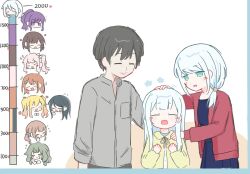  1boy 1other 6+girls :d ^_^ aged_down akiyama_mizuki arm_at_side asahina_mafuyu black_dress black_hair blonde_hair blue_eyes blunt_bangs blush brown_eyes brown_hair cardigan chibi chibi_inset closed_eyes closed_mouth collared_shirt commentary dot_nose dress english_commentary facing_viewer father_and_daughter flying_sweatdrops gradient_hair green_hair grey_eyes grey_shirt hair_over_shoulder hanasato_minori hand_on_another's_back hands_up headpat highres hoshino_ichika_(project_sekai) husband_and_wife kano2007226 kiss_meter_(meme) kusanagi_nene long_hair long_sidelocks long_sleeves meme mochizuki_honami mother_and_daughter multicolored_hair multiple_girls open_cardigan open_clothes open_mouth orange_hair pink_eyes pink_hair ponytail project_sekai purple_hair red_cardigan shinonome_ena shirt short_hair side_ponytail sidelocks simple_background sleeves_rolled_up smile swept_bangs tenma_saki upper_body violet_eyes white_background white_hair yoisaki_kanade yoisaki_kanade's_father yoisaki_kanade's_mother 