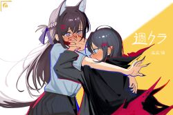  2girls animal_ear_fluff black_cape black_hair black_nails blush braid brown_hair cape chinese_commentary collar commentary_request covering_another's_mouth fingernails haidao_mao hair_ornament hairclip half_up_braid highres long_fingernails long_hair miyagi_shiori multiple_girls parallel_hairclips pointy_ears red_collar revision sendai_hazuki shirt shuuniichido_classmate_wo_kau_hanashi vampire violet_eyes white_shirt yuri 