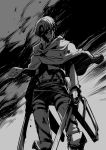  1boy angry belt blade cape dual_wielding levi_(shingeki_no_kyojin) monochrome shingeki_no_kyojin short_hair solo uniform 