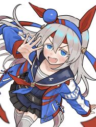  1girl absurdres animal_ears black_skirt blue_eyes blue_hairband blue_shirt blush ear_covers fang grey_hair grey_tail grey_thighhighs hair_between_eyes hairband headband highres horse_ears horse_girl horse_tail jacket lightning_bolt_print lightning_bolt_symbol long_hair long_sleeves looking_at_viewer multicolored_hairband open_mouth pleated_skirt red_headband sailor_collar school_uniform serafuku shirt skirt smile striped_clothes striped_hairband tail tamamo_cross_(umamusume) thigh-highs tohu_sand two-tone_hairband umamusume very_long_hair 