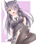  1girl alternate_hairstyle black_legwear blush breasts eyepatch gloves headgear hiiragi_yashiro kantai_collection long_hair open_mouth personification purple_hair school_uniform short_hair solo tenryuu_(kantai_collection) thighhighs yellow_eyes 