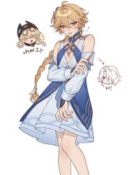  >_< 1girl 2boys absurdres aether_(genshin_impact) ahoge arrow_(symbol) bandage_on_face bandage_over_one_eye bandaged_head bandages bare_shoulders black_hat blonde_hair blue_dress blush braid brown_eyes closed_eyes clothing_cutout cosplay cowboy_shot crossdressing crossdressing_(mtf) crossed_bangs detached_sleeves dress earrings english_commentary english_text fingernails flying_sweatdrops genshin_impact goggles goggles_on_head hair_between_eyes hair_ornament hair_ribbon hair_rings hair_tubes half-closed_eyes hand_on_own_arm hand_up hat hat_with_ears head_only highres jahoda_(genshin_impact) jewelry laurel_crown long_hair long_sleeves looking_at_viewer low-braided_long_hair low-tied_long_hair male_focus multiple_boys notice_lines open_mouth pink-tinted_eyewear puffy_detached_sleeves puffy_long_sleeves puffy_sleeves rerir_(genshin_impact) ribbon round_eyewear short_hair simple_background single_braid single_earring single_hair_tube sleeveless sleeveless_dress smile solo_focus standing suspicious_dish teeth tholindis_(genshin_impact) tholindis_(genshin_impact)_(cosplay) thumbs_up tinted_eyewear twin_braids two-tone_dress white_background white_dress white_ribbon white_sleeves yellow-framed_eyewear 