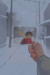  1girl backpack bag boku_dake_ga_inai_machi brown_hair coat commentary fujinuma_satoru grey_shirt highres hinazuki_kayo holding holding_photo long_sleeves outdoors overcast photo_(object) randoseru red_coat sberrymacchiato scarf shirt short_hair signature sky utility_pole winter yellow_scarf 