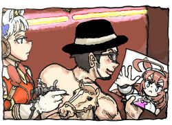  1boy 1girl ahoge animal_ears beard black_hair black_hat blue_eyes blunt_bangs bow bowtie bridle brown_hair brown_hat chinstrap_beard commentary_request creature_and_personification drawing_(object) ear_bow ear_ornament facial_hair fedora fluorescent_lamp glasses gloves gold_ship_(umamusume) grey_hair grey_hairband hair_between_eyes hairband hat hat_ribbon headgear holding holding_drawing horse horse_ears horse_girl huge_ahoge indoors long_hair medium_request mihono_bourbon_(racehorse) mihono_bourbon_(umamusume) morisshii_(morishiey) necktie personification purple_bow purple_necktie real_life red_bow red_bowtie ribbon short_hair tattoo_machine topless_male traditional_media trainer_kuronuma umamusume v-shaped_eyebrows white_gloves white_ribbon 
