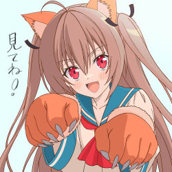  1girl :d ahoge animal_ear_fluff animal_ears animal_hands ascot atri atri-my_dear_moments- black_ribbon blue_background blue_sailor_collar blush cat_ears cat_girl dress fake_claws fang gloves hair_between_eyes hair_intakes hair_ribbon hands_up highres kemonomimi_mode long_hair long_sleeves looking_at_viewer open_mouth paw_gloves red_ascot ribbon sailor_collar sailor_dress sidelocks simple_background smile solo straight_hair suzuki_isamu translated two_side_up upper_body v-shaped_eyebrows very_long_hair white_dress wide_sleeves 