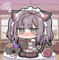  1girl animal_ears animal_hands azur_lane black_thighhighs blush cat_ears cat_tail chibi chibi_only commentary_request enmaided fake_animal_ears fake_tail grey_eyes hair_ribbon maid maid_headdress nejikirio official_alternate_costume official_art pout purple_hair ribbon solo tail thigh-highs two_side_up vittorio_cuniberti_(azur_lane) vittorio_cuniberti_(on_the_habits_of_cats)_(azur_lane) white_ribbon yarn yarn_ball 