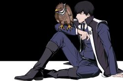 1boy ace_attorney aged_down amikoiiko animal_on_arm arm_on_knee belt belt_buckle bird bird_on_arm black_background black_belt black_boots black_hair black_haori black_necktie black_scarf blue_jacket blue_pants boots brown_bird buckle buttons closed_mouth collared_shirt fingernails from_side full_body hand_on_floor haori hawk highres jacket japanese_clothes jinbaori knee_boots knee_up long_sleeves male_focus necktie pants phoenix_wright:_ace_attorney_-_dual_destinies pleated_pants scarf shirt short_hair simon_blackquill simple_background sitting solo striped_clothes striped_scarf suit_jacket taka_(ace_attorney) two-tone_background two-tone_haori two-tone_scarf white_background white_haori white_scarf white_shirt 