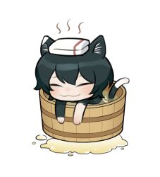  1girl :3 animal_ears barrel bathing black_fur black_hair body_fur cat_ears cat_girl cat_tail chibi chibi_only closed_eyes commentary_request dungeon_meshi izutsumi korean_commentary mayo_(mayo88meshi) short_hair simple_background smile solo tail towel towel_on_head two-tone_tail white_background 