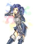  1girl armor athenawyrm blue_eyes blue_hair cynthia_(fire_emblem) fire_emblem fire_emblem:_kakusei gloves nintendo open_mouth short_hair short_twintails smile solo thighhighs twintails 