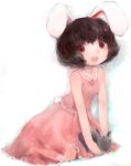  1girl animal_ears bare_arms bare_shoulders black_hair bunny_tail carrot dress highres inaba_tewi jewelry looking_at_viewer maccha_cocoa necklace open_mouth pendant pink_dress rabbit rabbit_ears red_eyes sitting sleeveless sleeveless_dress smile solo tail touhou 