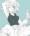  1girl blue_eyes blush clothes_around_waist gloves jacket_around_waist jewelry kareido kawashiro_nitori key legs_apart looking_at_viewer monochrome necklace open_mouth short_hair simple_background solo tagme tank_top touhou wiping_sweat wrench 