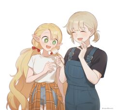  2girls :d absurdres black_shirt blonde_hair blue_overalls blue_shorts bright_pupils closed_mouth commentary_request cowboy_shot denim denim_overalls denim_shorts dungeon_meshi elf falin_touden falin_touden_(tallman) food green_eyes hair_ribbon happy highres holding holding_food holding_stick korean_commentary long_hair marcille_donato marshmallow mayo_(mayo88meshi) multiple_girls overalls pointy_ears ponytail red_ribbon ribbon shirt short_hair short_ponytail short_sleeves shorts simple_background smile stick t-shirt teeth twintails upper_teeth_only very_long_hair white_background white_pupils white_shirt 