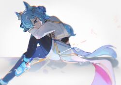  1girl alternate_costume alternate_species animal_ears black_gloves black_pantyhose blue_hair blue_shoes gloves hair_ornament high_heels highres hololive horse_ears horse_girl horse_tail hoshimachi_suisei jacket looking_at_viewer medium_hair miya_(ikanyaide) pantyhose shoes shorts solo star_(symbol) star_hair_ornament star_in_eye symbol_in_eye tail virtual_youtuber white_jacket white_shorts 