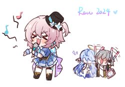  >_< 2024 3girls adapted_costume afterimage back_bow bag black_boots black_corset black_hat black_jacket blue_bow blue_hair blue_jacket blue_necktie blue_skirt blue_wrist_cuffs blush blush_stickers boots bow bow_earrings cheering cherilynorz chibi chinese_commentary collar commentary_request corset cropped_legs detached_collar dress earrings faceless faceless_female flower frilled_skirt frills gloves glowstick gradient_bow grey_hair hair_between_eyes halo handbag hands_on_own_chin happy hat hat_flower head_wings heart holding holding_glowstick holding_microphone honkai:_star_rail honkai_(series) idol jacket jewelry long_hair loose_hair_strand march_7th_(honkai:_star_rail) medium_hair microphone mini_hat mini_top_hat miniskirt motion_lines multiple_girls musical_note necktie notice_lines one_side_up open_clothes open_jacket open_mouth outstretched_hand penlight_(glowstick) pink_bag pink_hair plaid_clothes plaid_skirt plaid_wrist_cuffs pleated_skirt purple_bow purple_skirt robin_(honkai:_star_rail) shirt short_sleeves sidelocks signature simple_background single_earring single_thighhigh skirt skirt_under_dress sleeve_cuffs smile standing stelle_(honkai:_star_rail) thigh-highs thigh_strap top_hat traditional_halo trailblazer_(honkai:_star_rail) two-tone_bow very_long_hair white_background white_collar white_dress white_flower white_gloves white_shirt white_thighhighs white_wings wings wrist_cuffs yellow_halo 