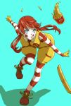  1girl aqua_eyes bent_over beruzenefu clown french_fries gloves highres long_hair mcdonald&#039;s mouth_hold redhead shoes smile solo striped striped_legwear yellow_gloves 