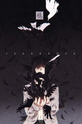  1boy belt belt_buckle bird bird_on_hand black_belt black_hair black_pants black_theme buckle commentary_request cupping_hands faceless faceless_male falling_feathers feathers film_grain flock gradient_background grey_shirt highres long_sleeves male_focus midriff_peek navel open_clothes open_shirt original own_hands_together pants shirt short_hair solo teardrops_(user_vgvd7733) tears translation_request upper_body 