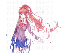  1girl axolotl-anne blazer blue_skirt breasts brown_hair brown_vest closed_mouth collared_shirt commentary crying crying_with_eyes_open doki_doki_literature_club doki_doki_literature_club_school_uniform english_commentary english_text eyelashes glitch green_eyes grey_jacket hair_intakes hair_ribbon jacket long_hair long_sleeves monika_(doki_doki_literature_club) neck_ribbon ponytail red_ribbon ribbon sad_smile school_uniform shirt sidelocks skirt solo split_mouth spoilers tears vest white_background white_ribbon white_shirt 