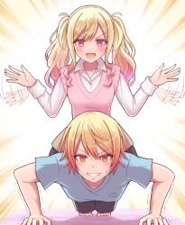  1boy 1girl absurdres blonde_hair blue_shirt brother_and_sister clenched_teeth collared_shirt commentary_request exercising fish flapping gradient_hair highres kitaete_fly!_muscle_training!_(project_sekai) long_hair long_sleeves looking_at_viewer meemen multicolored_hair open_mouth orange_eyes orange_hair outstretched_hand pink_eyes pink_hair project_sekai push-ups shirt short_hair short_sleeves siblings sidelocks sitting sitting_on_person smile sweat teeth tenma_saki tenma_tsukasa twintails two-tone_hair 