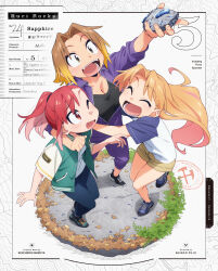  3girls absurdres artist_request blonde_hair brown_eyes brown_hair closed_mouth commentary_request full_body happy highres holding jacket kasamaru_aoi long_hair long_sleeves low_neckline multiple_girls official_art one_eye_closed open_mouth pants purple_jacket red_eyes red_hair rock ruri_no_houseki seto_shouko shirt shoes short_hair shorts smile standing tanigawa_ruri teeth tennis 